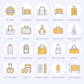 Luggage flat line icons. Carry-on, hardside suitcases, wheeled bags, pet carrier, travel backpack. Baggage dimensions
