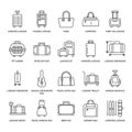 Luggage flat line icons. Carry-on, hardside suitcases, wheeled bags, pet carrier, travel backpack. Baggage dimensions