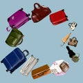 luggage, frame of suitcases, bags, basket, guitar case, pet carrier, umbrella