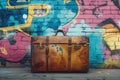 Luggage in front of brick wall