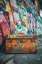 Luggage in front of graffiti-covered wall