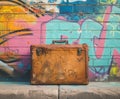 Luggage in front of graffiti wall