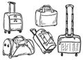 Luggage hand drawn icons set. Sketch style. Suitcases and bags. Sketches of travel luggage. Vector illustration.