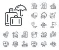 Luggage insurance line icon. Suitcase bag sign. Plane, supply chain and place location. Vector