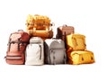 Luggage on an isolated white background. Lots of suitcases, bags and backpacks. Travel luggage. Vacation and travel concept Royalty Free Stock Photo