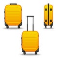 Luggage objects set yellow hard suitcases on wheels side and front view, 3d realistic vector baggage accessories isolated on white