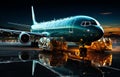 Luggage and plane moving. A large jetliner sitting on top of an airport tarmac