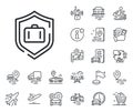 Luggage protect line icon. Suitcase bag sign. Plane, supply chain and place location. Vector