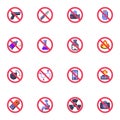 Luggage restrictions flat icons set