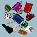 luggage, set of suitcases, bags, basket, guitar case, pet carrier, umbrella