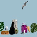 luggage, set of suitcases, bags, basket, guitar case, pet carrier, umbrella, monstera