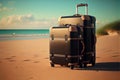 Luggage stands on a sandy beach view of the ocean. Pile Ancient Suitcases