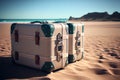 Luggage stands on a sandy beach view of the ocean. Pile Ancient Suitcases