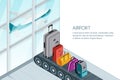 Luggage, suitcase, bags on conveyor belt in airport terminal. Vector 3d isometric illustration. Travel baggage banner