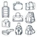 Luggage suitcase, handbags icons set, isolated. Vector sketch illustration. Travel baggage design elements