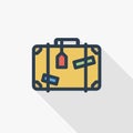 Luggage, suitcase, travel bag whith stickers thin line flat color icon. Linear vector symbol. Colorful long shadow Royalty Free Stock Photo