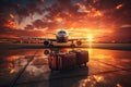 Luggage suitcases stand at the airport for loading onto the plane, sunset light, no people Royalty Free Stock Photo