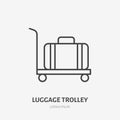 Luggage trolley flat line icon. Retro suitcase sign. Thin linear logo for airport baggage rules