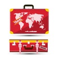Luggage with World Map Vector Red Traveling Suitcase. Travel Bag Symbol
