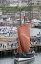 Lugger Fishing Boat with its Sail up at the Diamond Jubilee Wick Harbour Fest 2012.Wick, Caithness, Scotland. U.K. Royalty Free Stock Photo