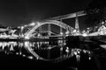 Luis I Bridge in the night in Porto, Portugal, Europe. Night reflection in de water of the river. Night black and white image Royalty Free Stock Photo