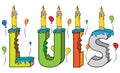 Luis male first name bitten colorful 3d lettering birthday cake with candles and balloons