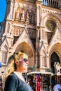 Lujan, Buenos Aires, Argentina, April 7, 2019: Woman in front of Lujan Basilica near Buenos Aires, Argentina