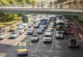 Lujiazui E Road and Century Avenue crossroads in Shanghai, China. The street is full of cars in traffic jam