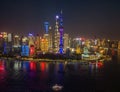 The drone aerial view of Lujiazui, Pudong, Shanghai at night time. Royalty Free Stock Photo