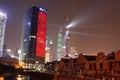 The Lujiazui Oriental Pearl Tower lights a night show on the Bund by the Huangpu River in Shanghai