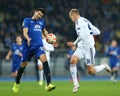 Lukasz Teodorczyk and Antolin Alcaraz battle in the air, UEFA Europa League Round of 16 second leg match between Dynamo and Royalty Free Stock Photo