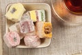 Lukum assort and tea Royalty Free Stock Photo