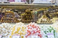 Lukum Turkish sweets and baklava on store shelves