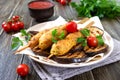 Lula kebab with grilled eggplant on pita bread. Dietary chicken kebabs on a skewer with vegetables Royalty Free Stock Photo