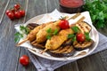 Lula kebab with grilled eggplant on pita bread. Dietary chicken kebabs on a skewer with vegetables Royalty Free Stock Photo