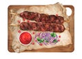 Lula kebab with sauce and onions. Illustration watercolor