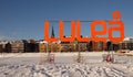 Lulea city billboard from the iceroad on a winter day in Sweden Royalty Free Stock Photo