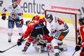 Lulea, Sweden - March 18, 2015. Christoffer Persson (#46 Frolunda Indians) cross-checks Lennart Petrell (#32 Lulea Hockey) in