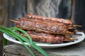 Lulya kebab from meat on a white plate and wooden board with green onions. Royalty Free Stock Photo