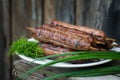 Lulya kebab from meat on a white plate and wooden board with dill and green onions. Royalty Free Stock Photo
