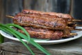 Lulya kebab from meat on a white plate and wooden board with green onions. Royalty Free Stock Photo