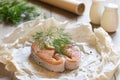 Lumaconi pasta with baked salmon, pickles and capers. Cooking process. Step 2. Fish baking in parchment