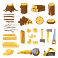 Lumber industry materials and tools. Wood planks, logs, board and tree chips. Axe, chisel, saw, grinder and belt sander