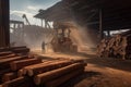 Lumber mill with logs being processed into lumber, workers operating heavy machinery, sawdust flying around