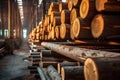 Lumber mill production concept Wooden plank stack, logs, sawmill industry Royalty Free Stock Photo