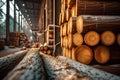 Lumber mill production concept Wooden plank stack, logs, sawmill industry