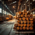 Lumber mill production concept Wooden plank stack, logs, sawmill industry