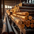 Lumber mill production concept Wooden plank stack, logs, sawmill industry Royalty Free Stock Photo