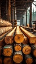 Lumber mill production concept Wooden plank stack, logs, sawmill industry