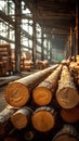 Lumber mill production concept Wooden plank stack, logs, sawmill industry Royalty Free Stock Photo